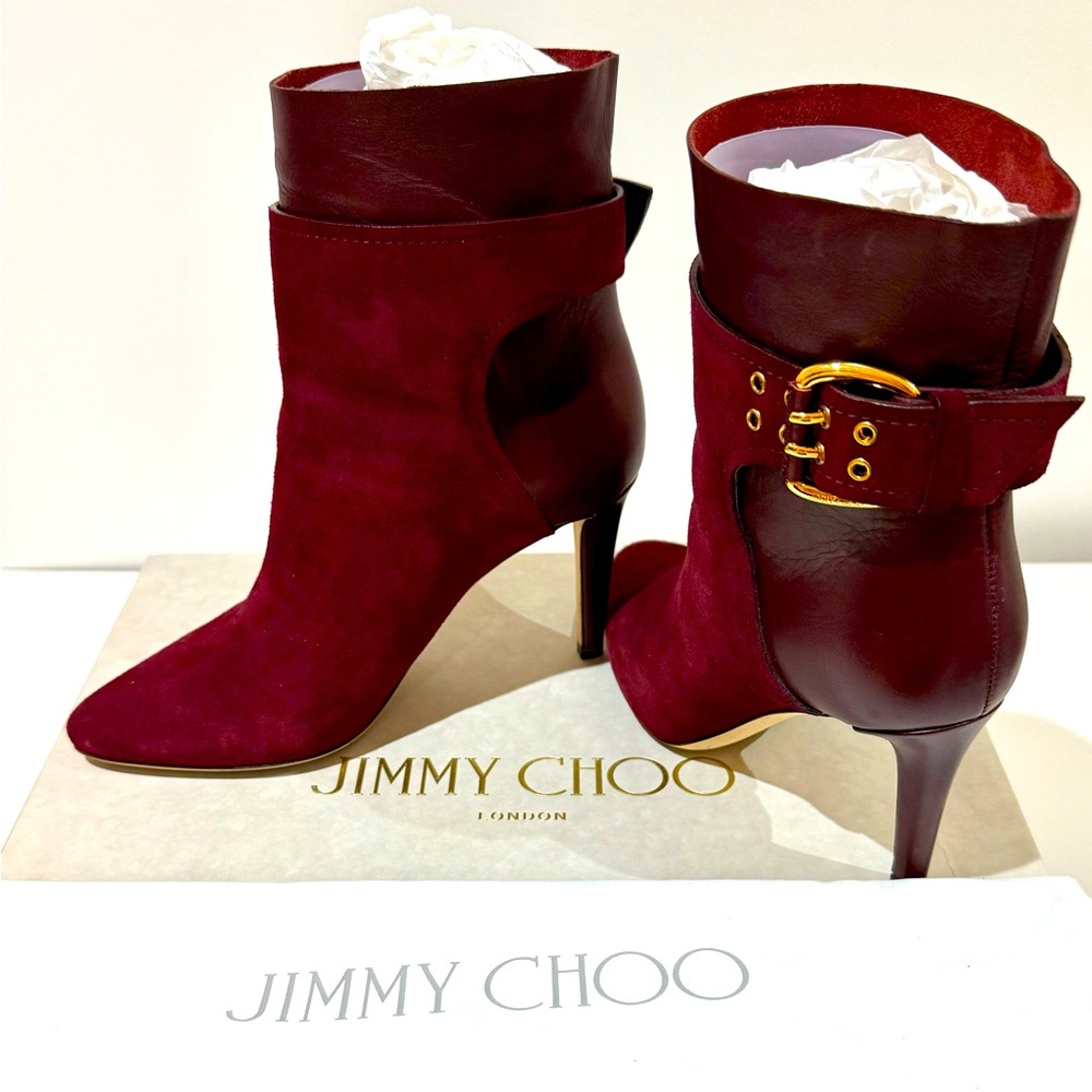 Jimmy Choo Major 85 Ankle Boots in Burgundy Suede and Calf Leather